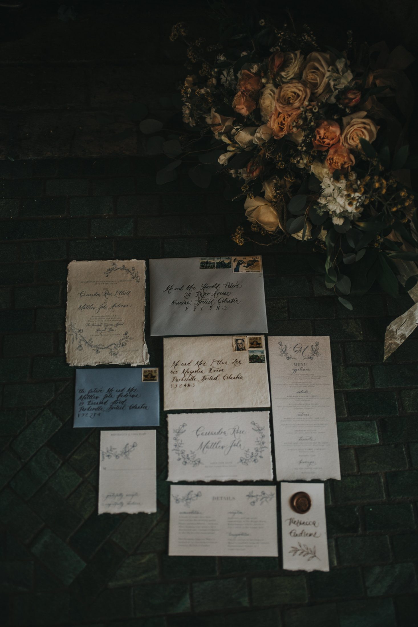 Stationery suite detail, styled with the bouquet.